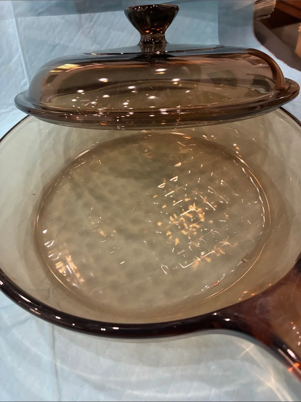 Amber Glass Covered Skillet with Handle Pyrex vision ware 7 inch with lid